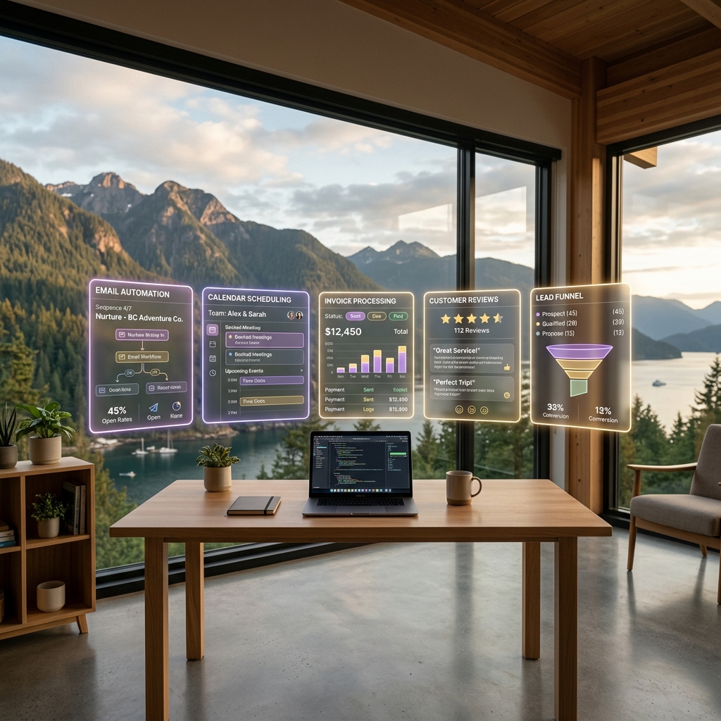 Modern BC small business office with five holographic automation workflow panels – email, scheduling, invoicing, reviews, and reporting – floating above a desk with Pacific Northwest mountains visible through the window