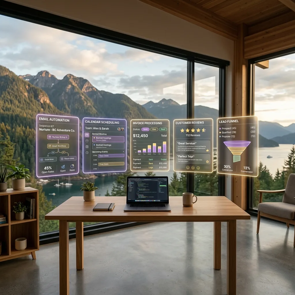 Modern BC small business office with five holographic automation workflow panels – email, scheduling, invoicing, reviews, and reporting – floating above a desk with Pacific Northwest mountains visible through the window