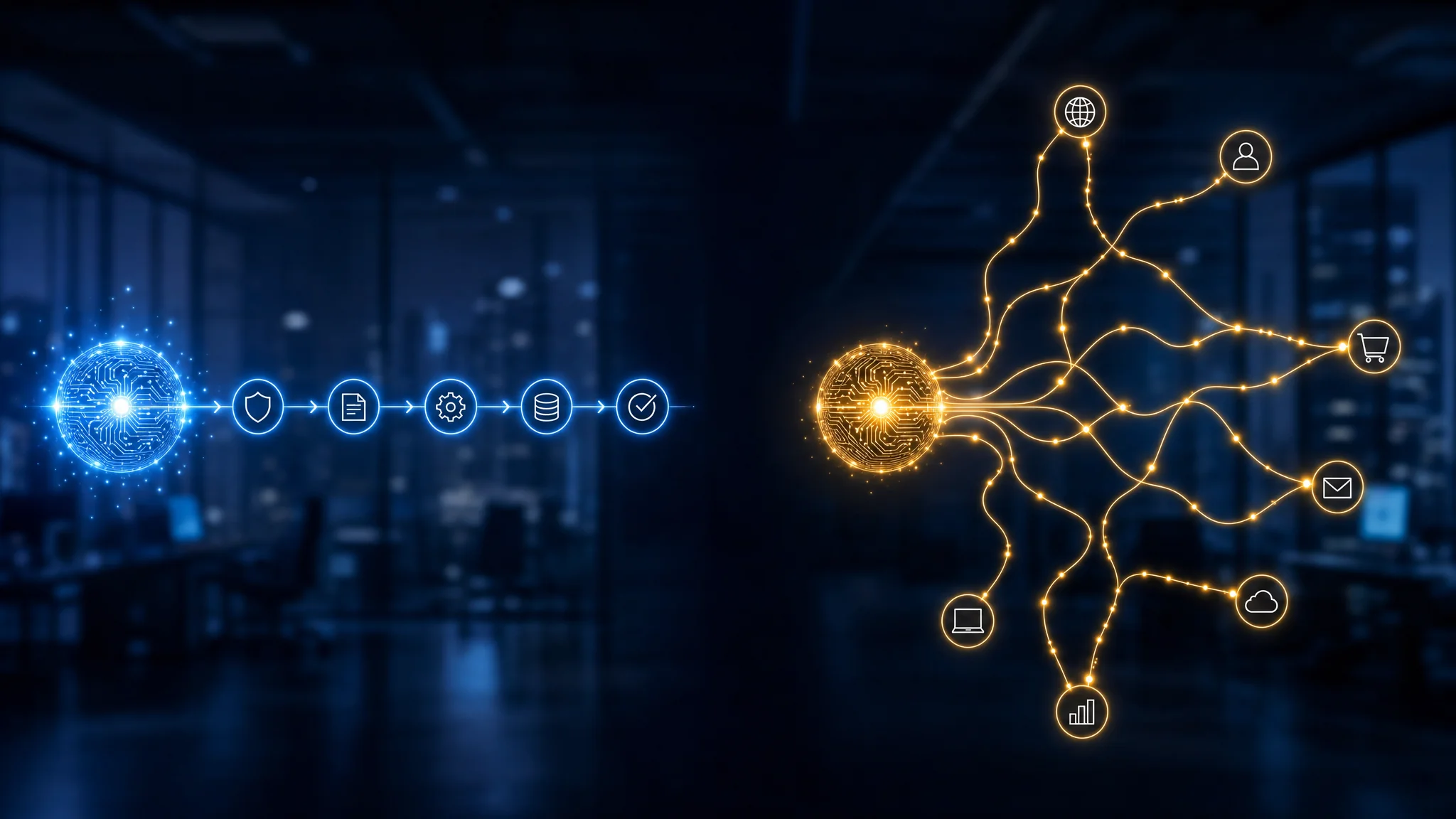 Two glowing circuit-board cores in a dark office: a blue core feeding one fixed line of icons connected by one-way arrows, and an amber core branching into a web of many possible routes