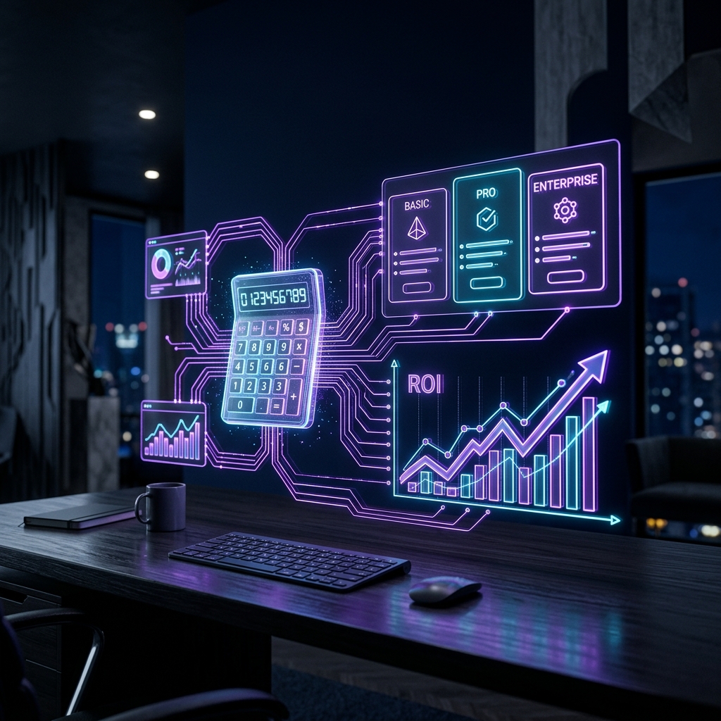 AI automation pricing and ROI dashboard with holographic growth charts and cost analysis