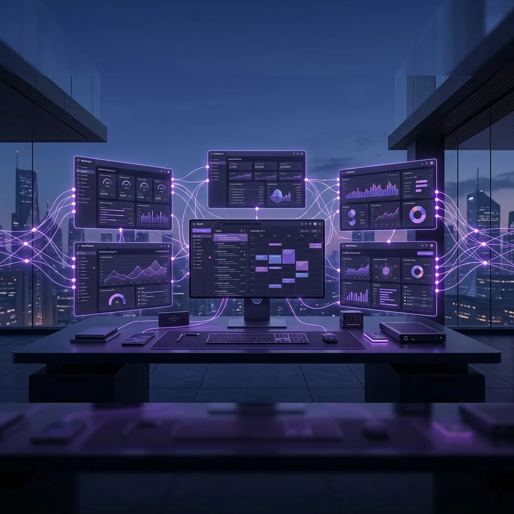 AI automation neural network connecting business tools – calendar, email, analytics, invoicing – through glowing purple pathways