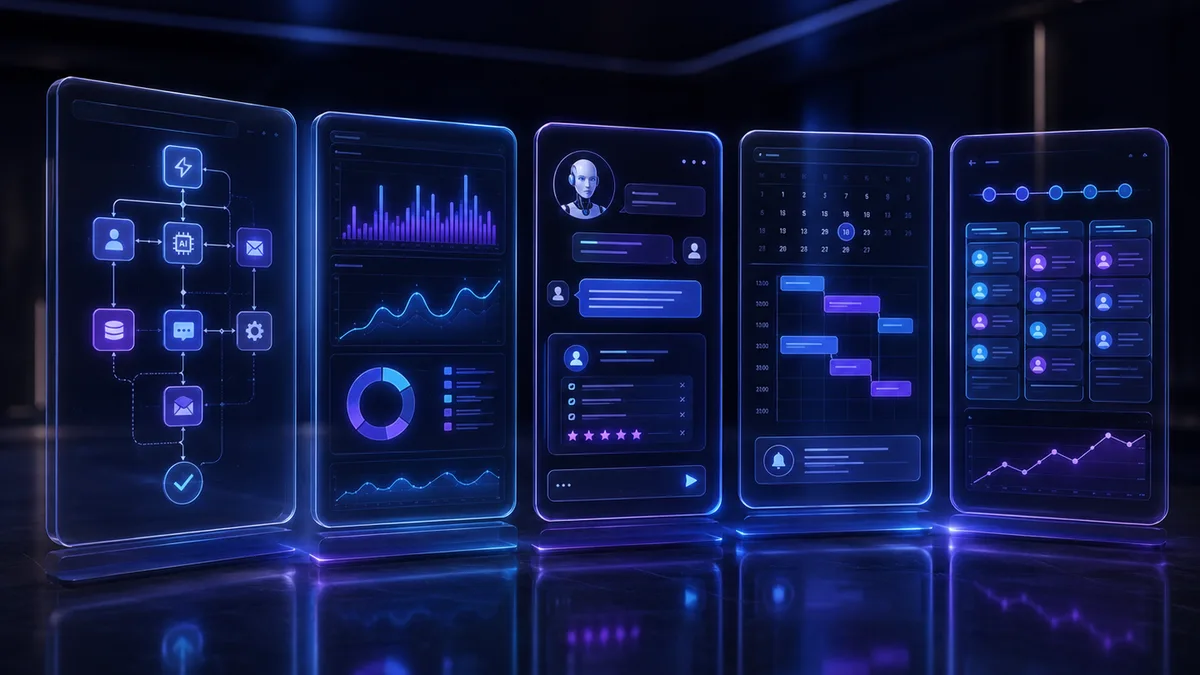 Five AI automation tools compared on holographic dashboards for Canadian small business
