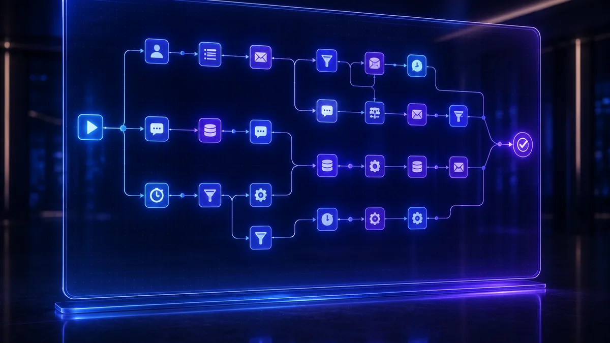 Glowing workflow canvas with connected automation nodes from trigger to completion