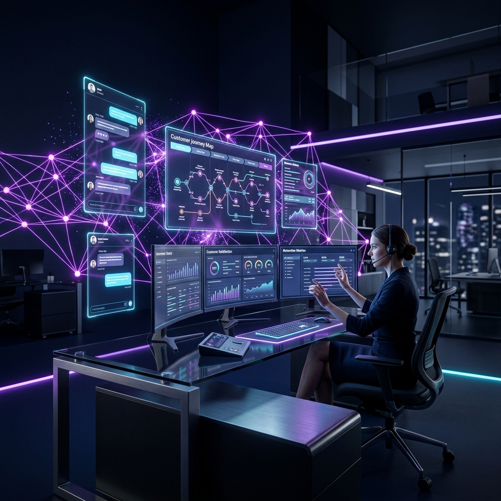 AI-powered customer retention dashboard showing satisfaction metrics, chat interfaces, and retention analytics connected by glowing purple neural pathways