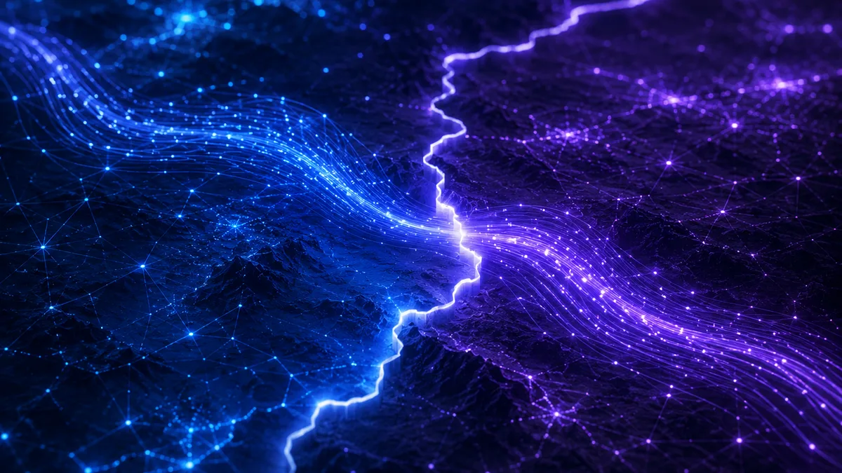 Streams of data crossing a glowing border line between two countries