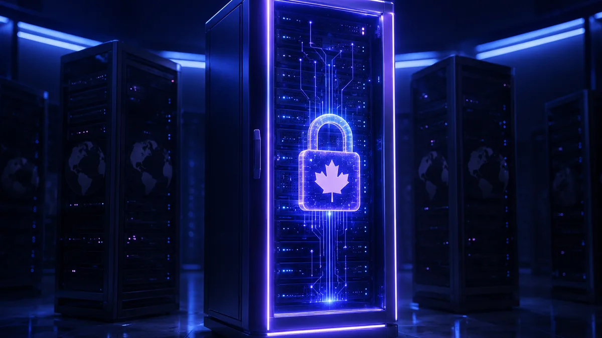 Data flowing between a Canadian maple leaf server and US cloud servers with AI icons