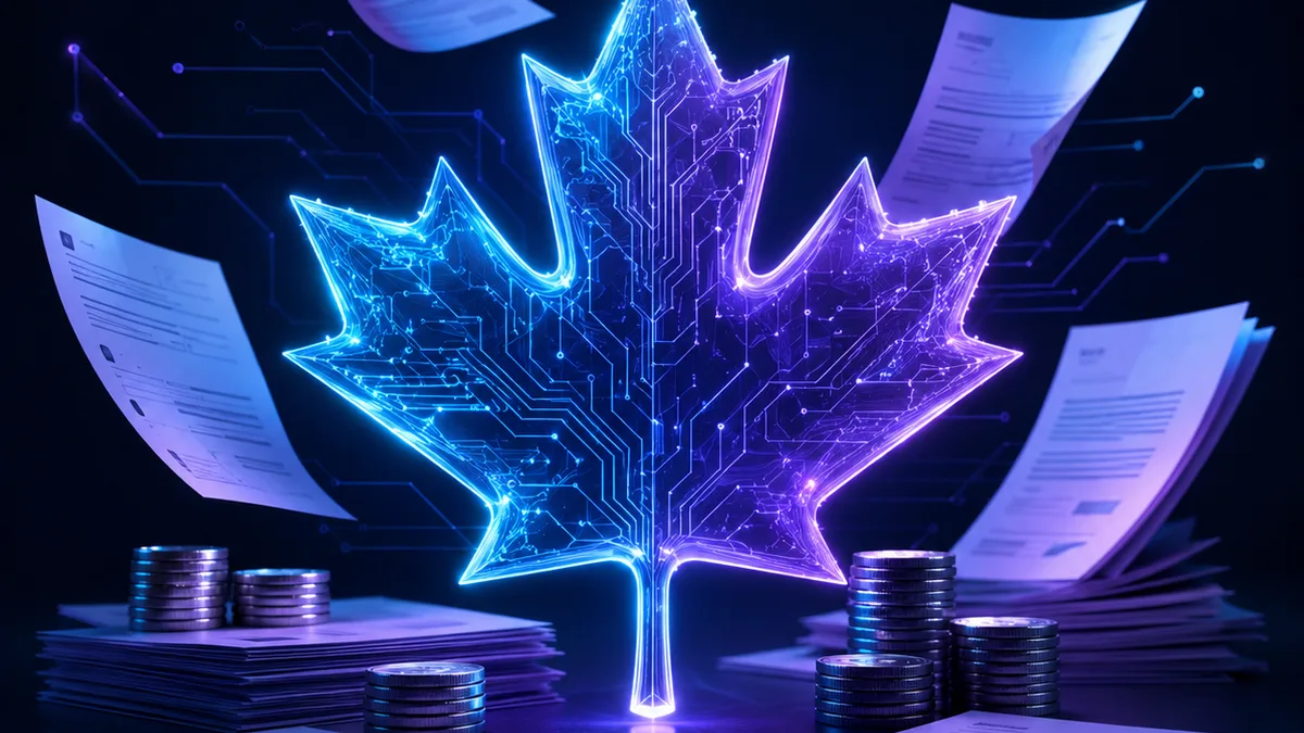 Canadian government AI automation funding — grant documents with a maple leaf and AI glow