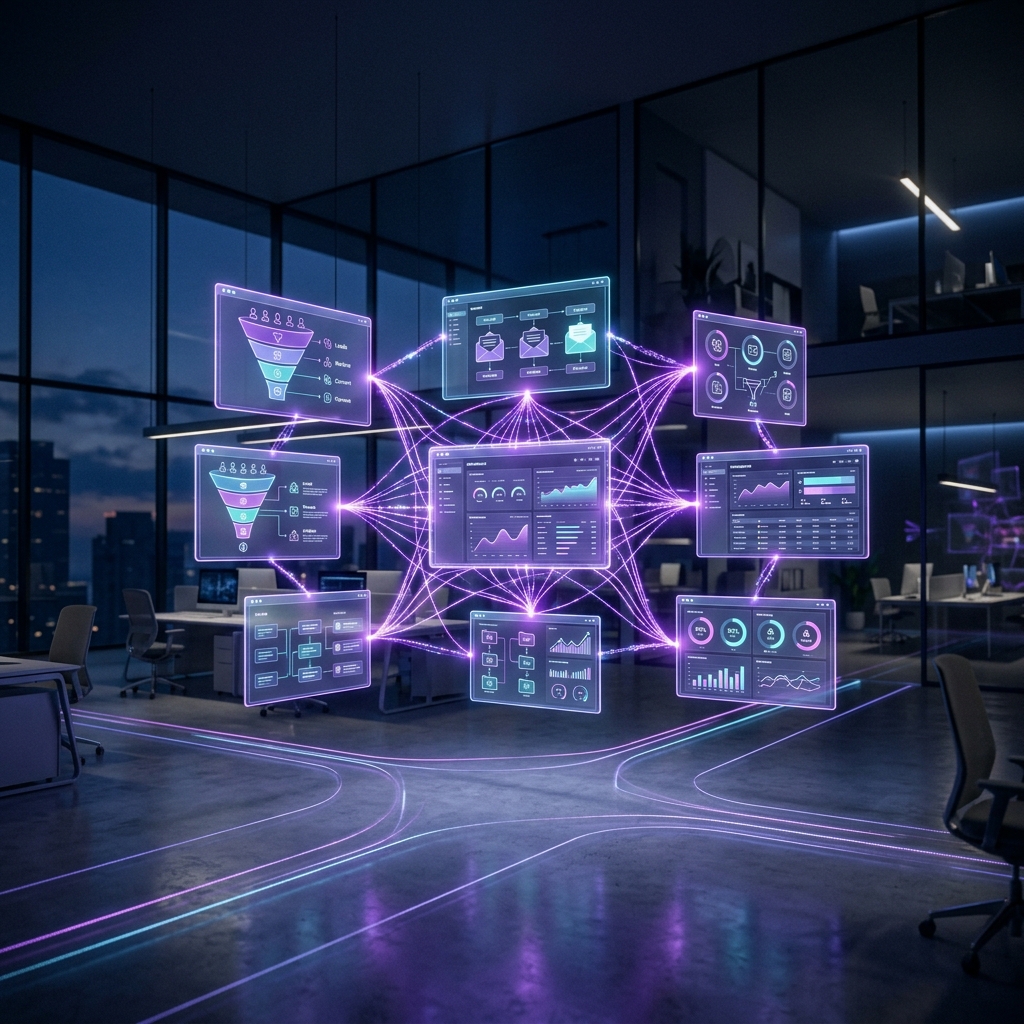 AI-powered sales and lead generation system with holographic funnels and CRM dashboards