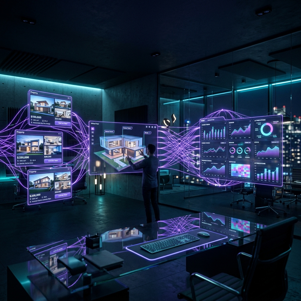 AI-powered real estate technology with holographic property listings and market analytics
