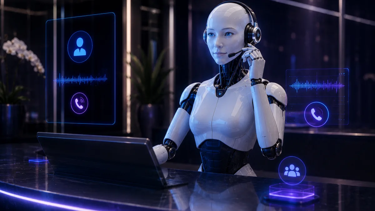 An AI receptionist with a headset answering business calls beside call analytics
