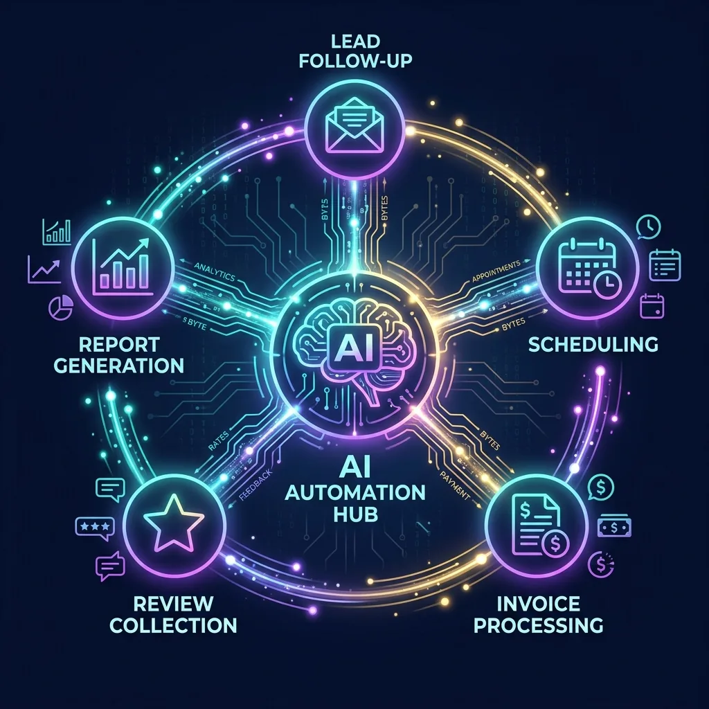AI automation workflow diagram showing a central AI node connected to five business automation modules: lead follow-up, scheduling, invoice processing, review collection, and report generation