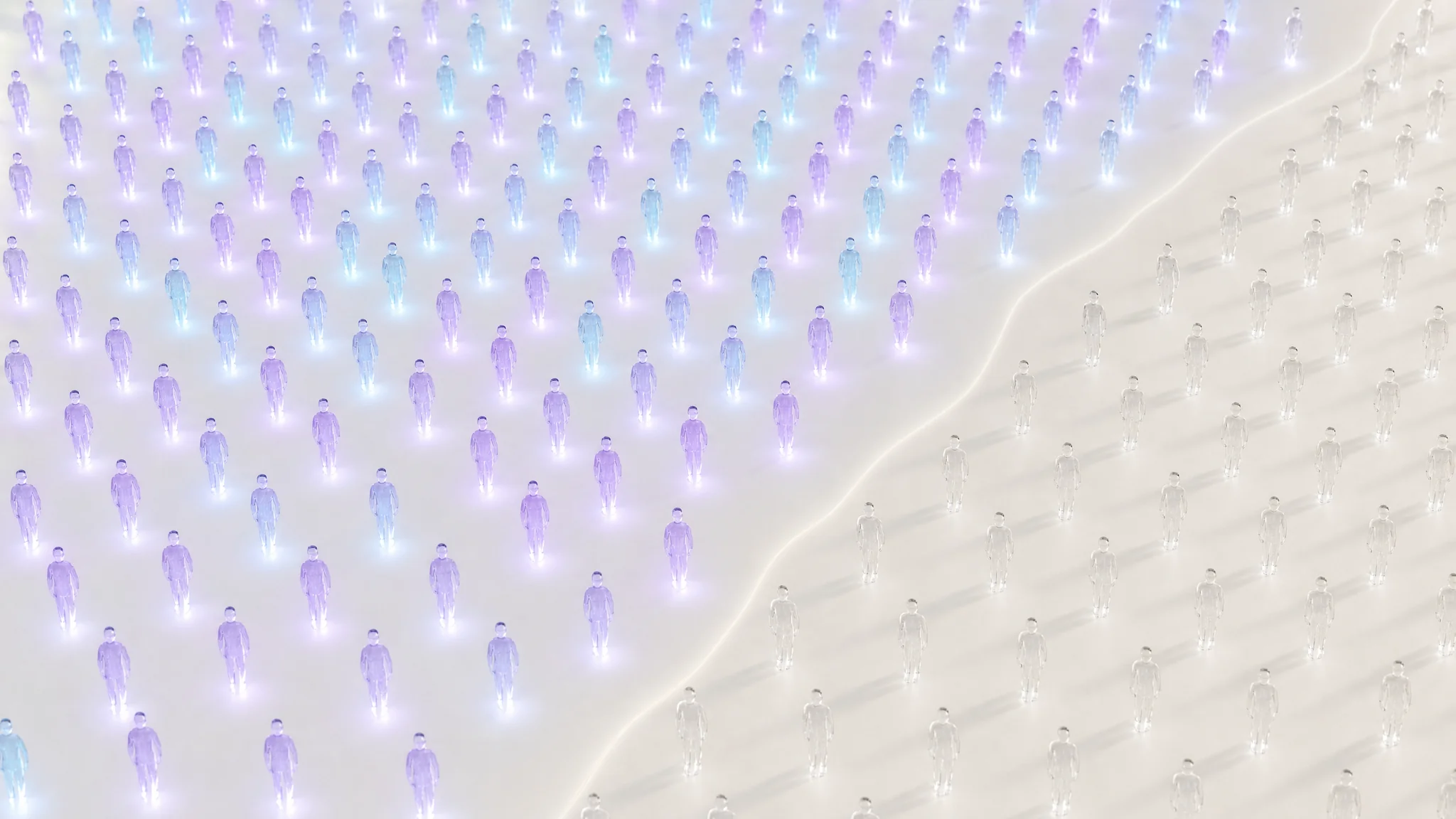 A large grid of translucent glass human figures, about two thirds glowing violet and separated by a line from a pale unlit group