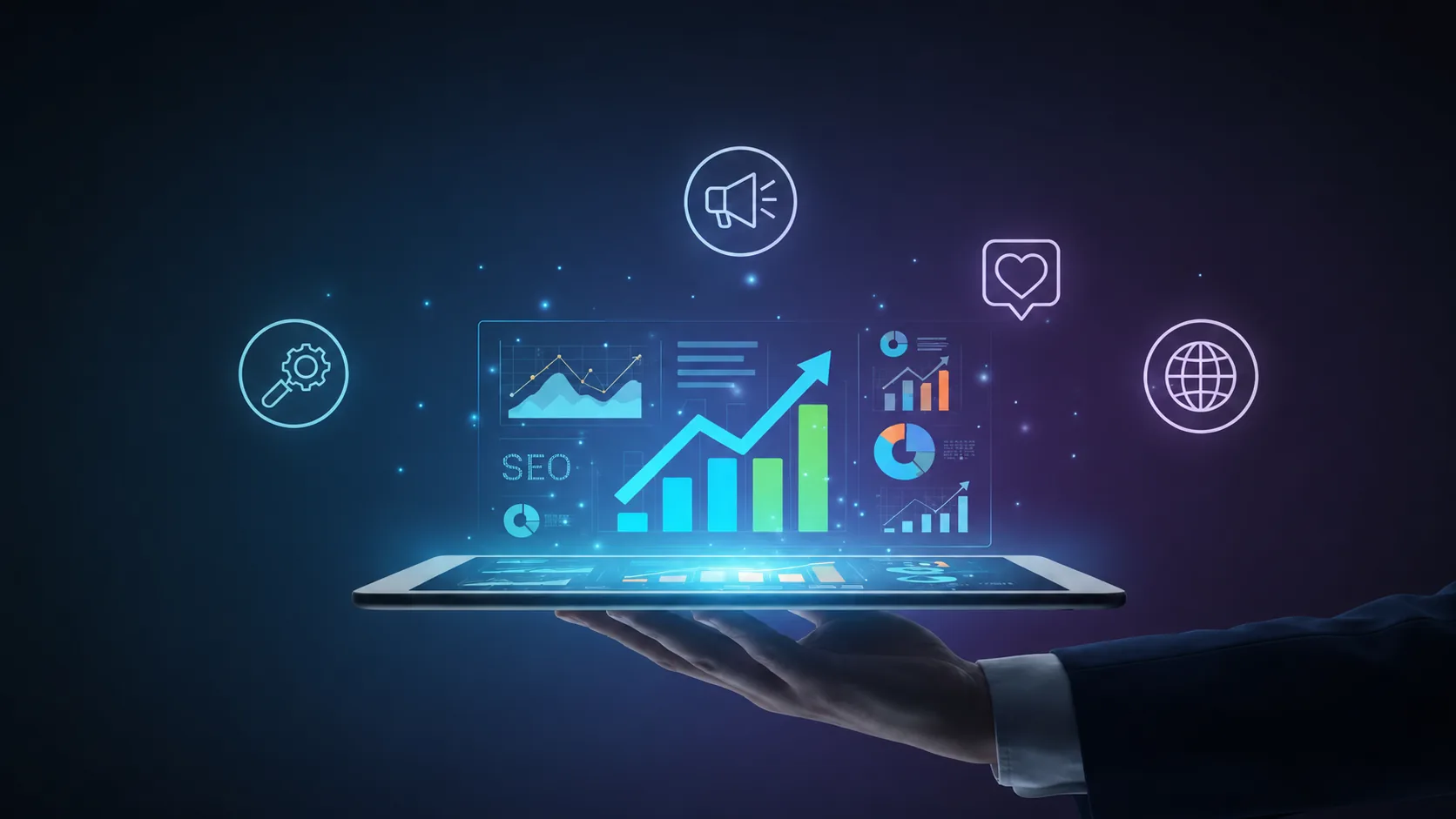 Tablet displaying SEO analytics icons and growth charts