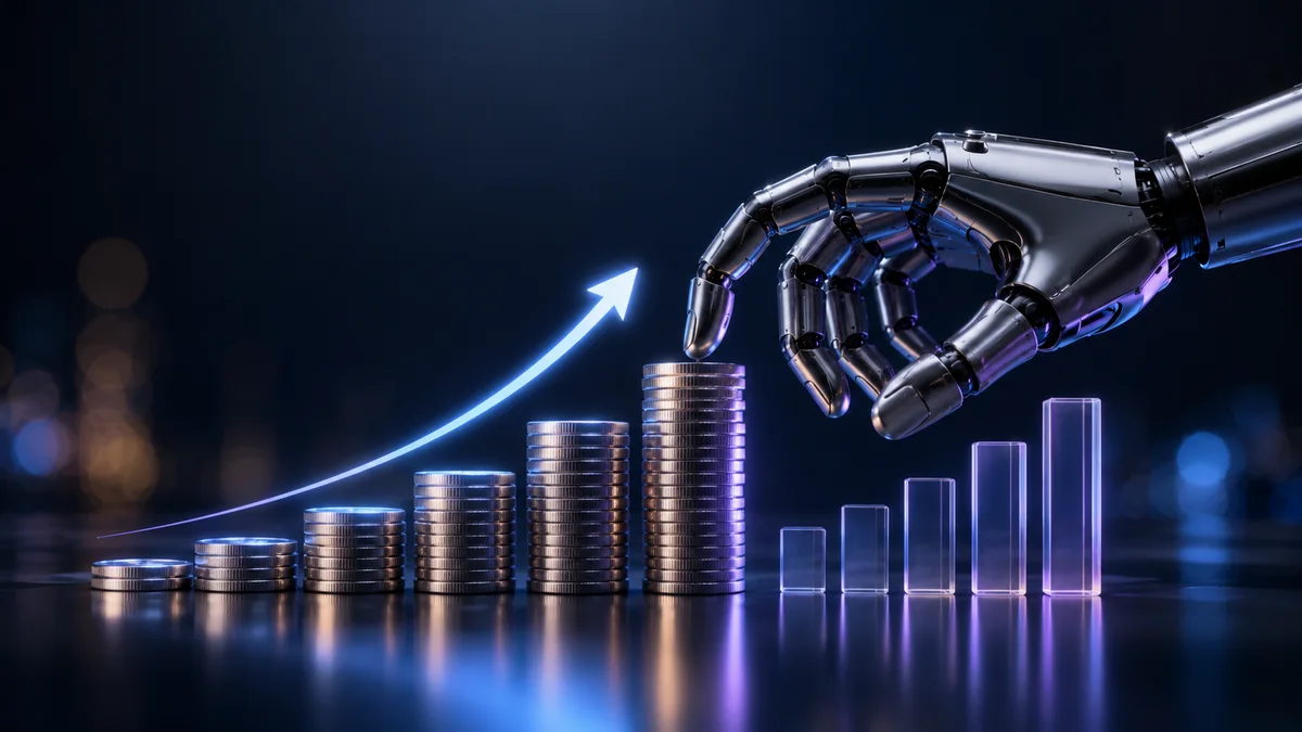 AI automation ROI dashboard with holographic growth charts