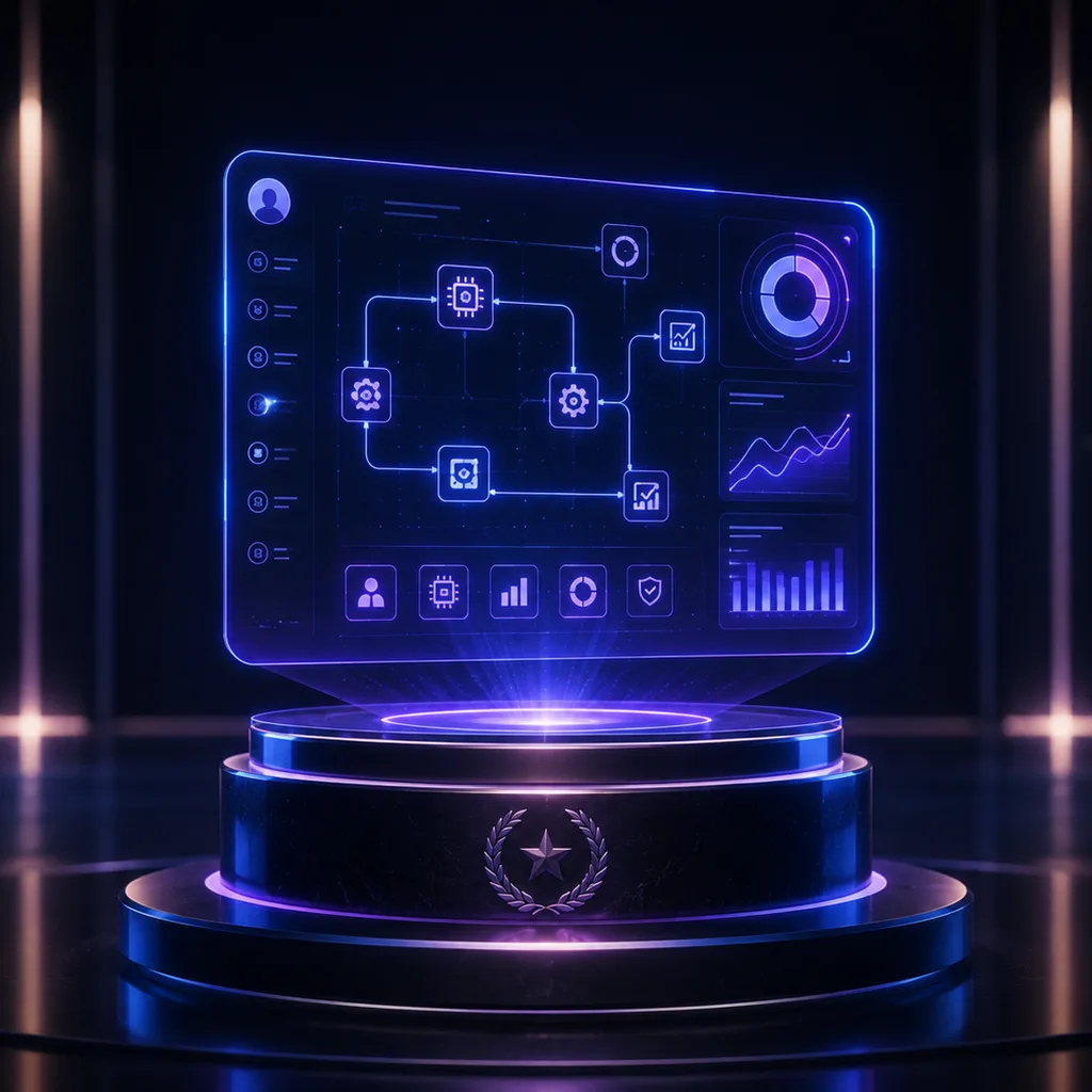 Five AI automation tools compared side by side on holographic dashboards