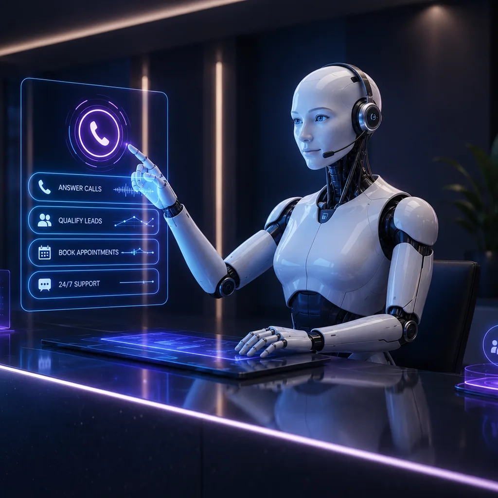 AI receptionist robot answering calls at a front desk with holographic booking panel