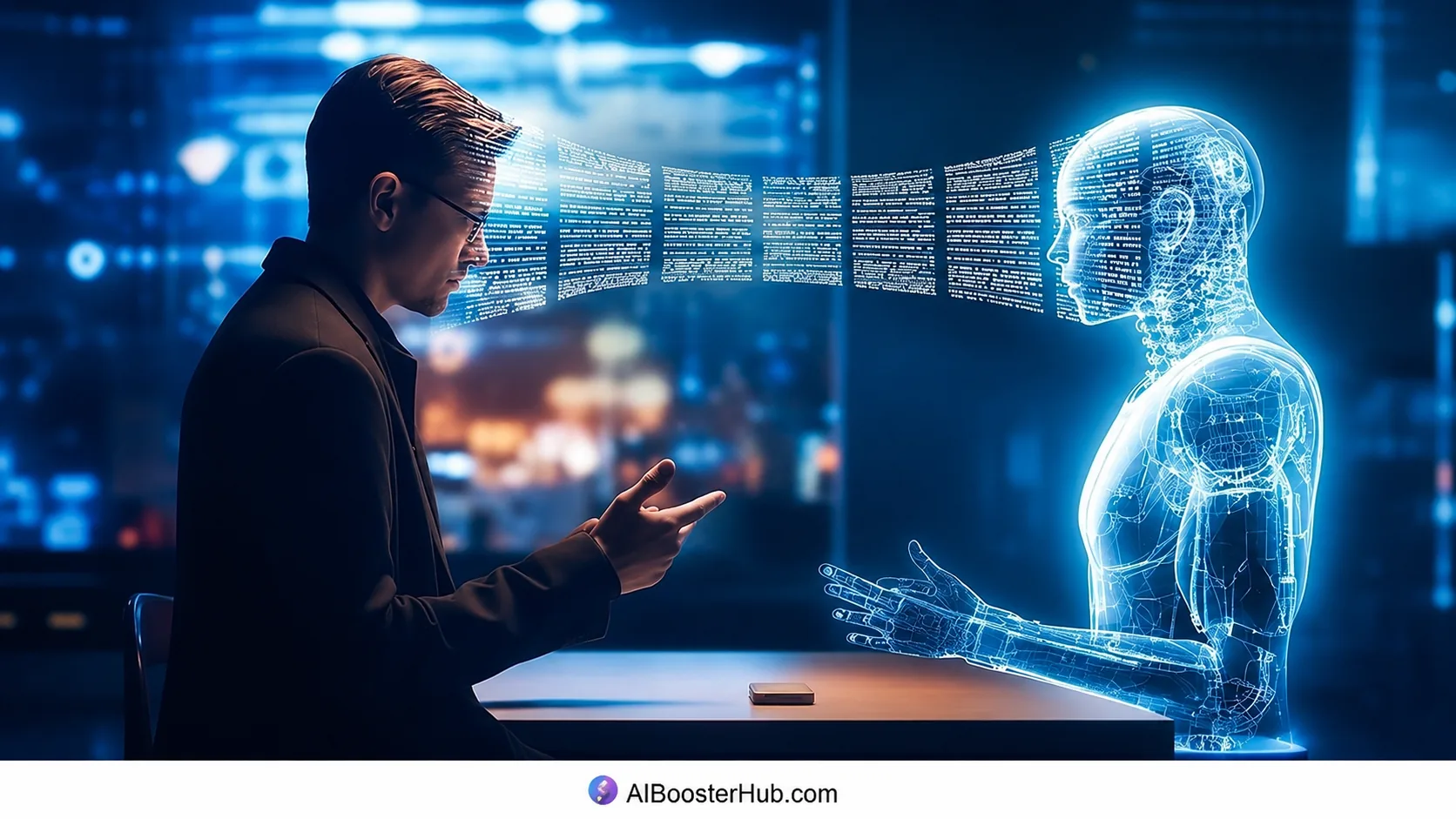Business professional interacting with a glowing holographic AI figure
