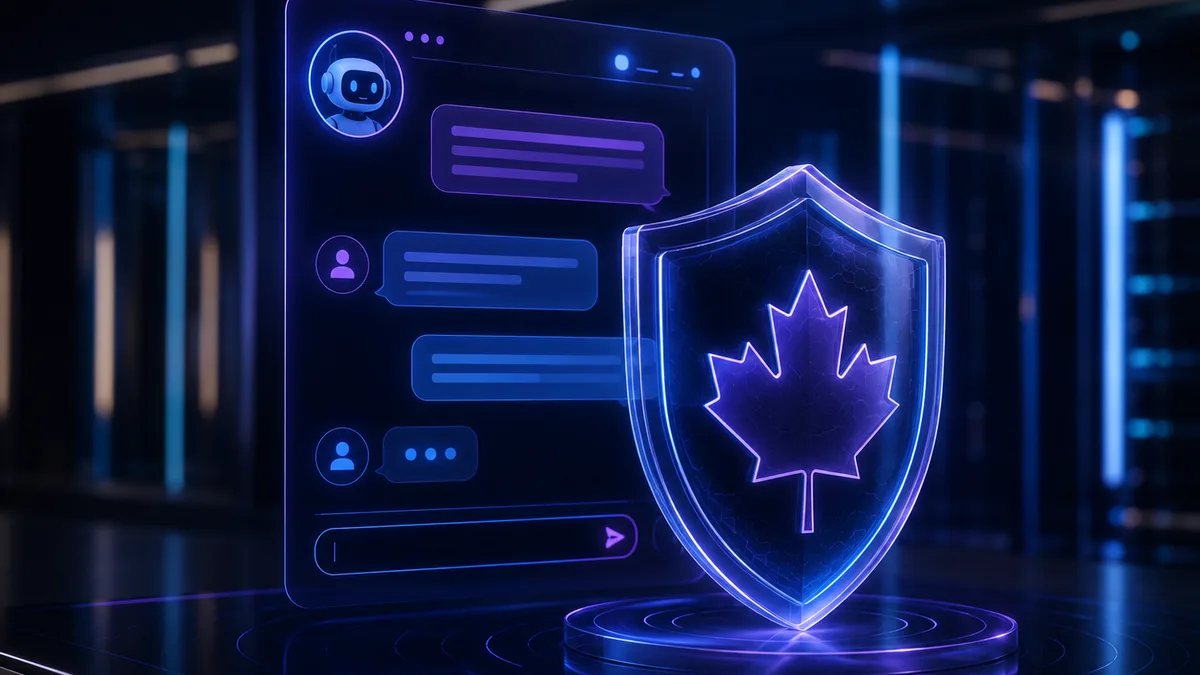 Canadian small business owner using ChatGPT with a privacy shield over customer data