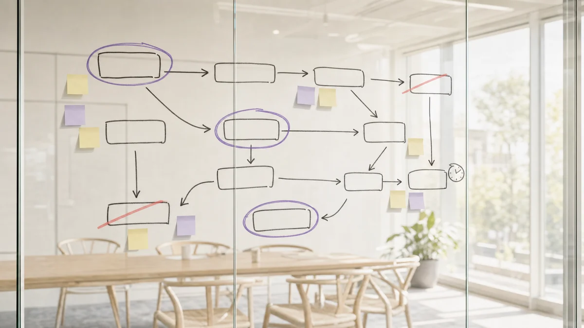 A business process map drawn in marker on a glass meeting room wall, with sticky notes, three steps circled in violet and two struck through in coral