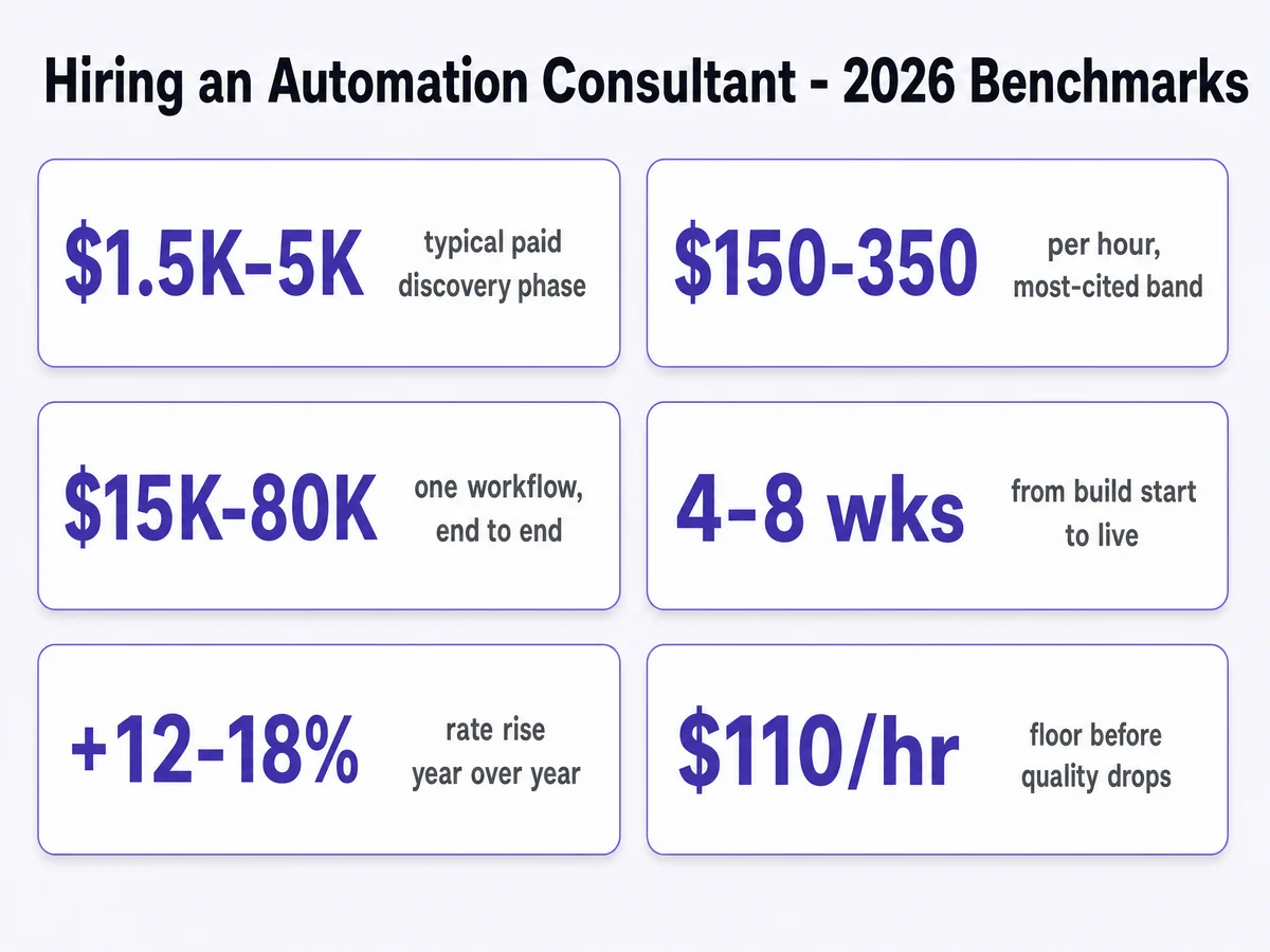 Automation consultant benchmarks for 2026: $1,500-5,000 discovery phase, $150-350 per hour, $15,000-80,000 per workflow, 4-8 weeks to live, 12-18% annual rate rise, $110 per hour quality floor