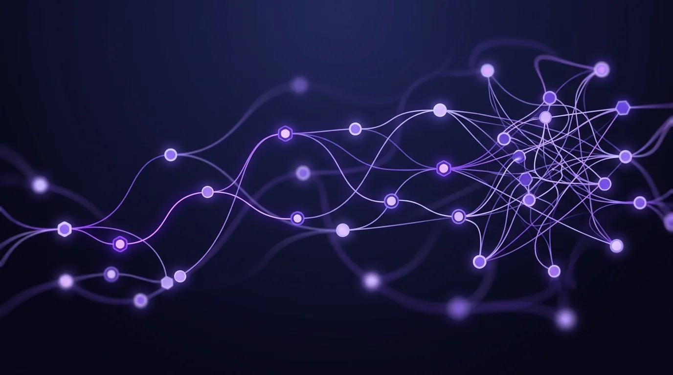 Abstract node graph of automation workflow connections tangling into a knot