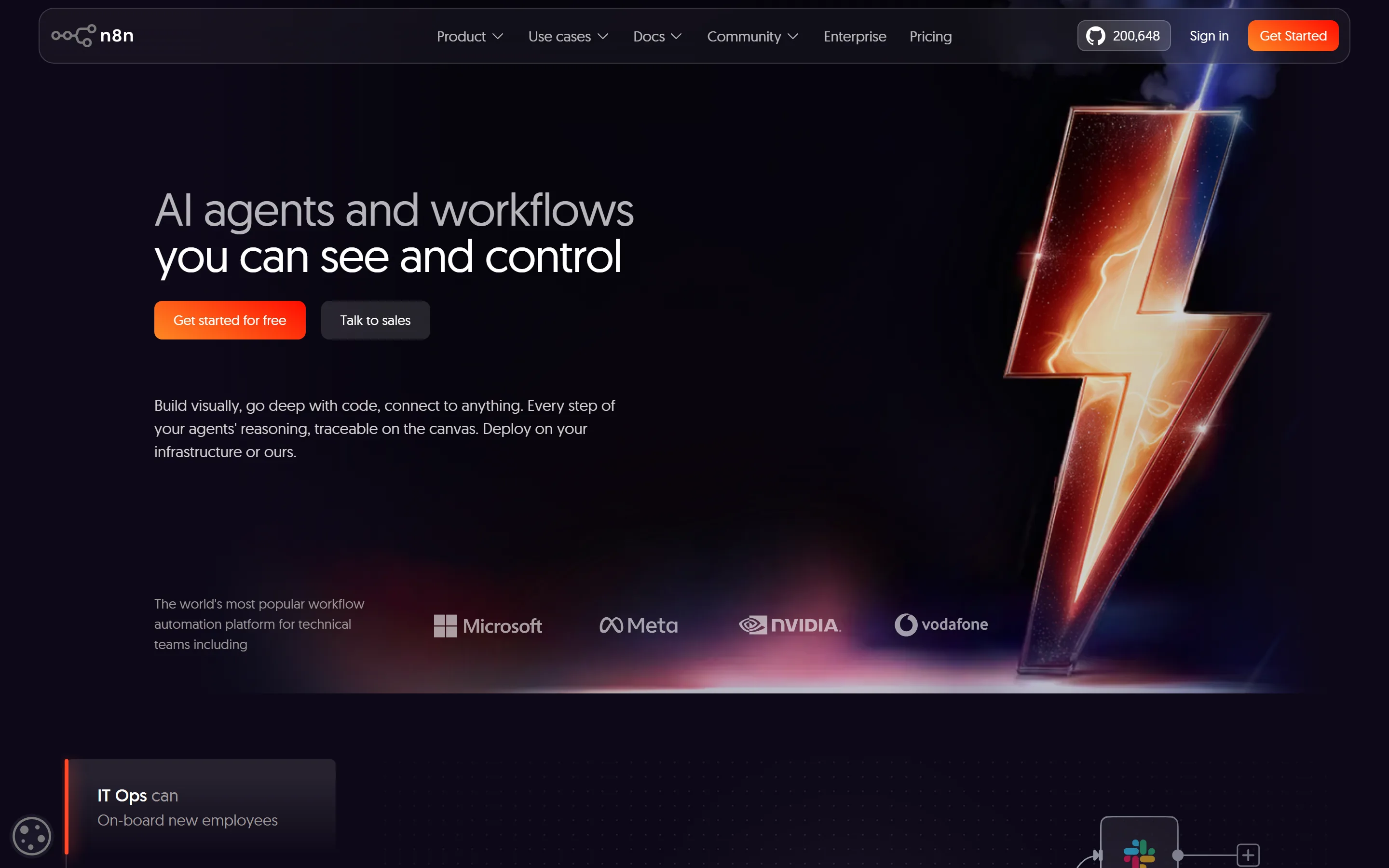 n8n homepage showing its tagline about AI agents and workflows for technical teams