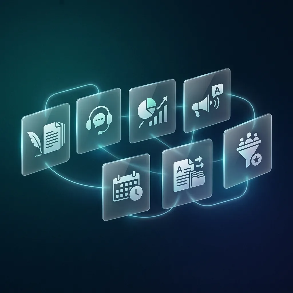 Seven floating translucent glass panels showing generative AI use cases for small business including content creation, customer service, data analysis, marketing, scheduling, document processing, and lead generation