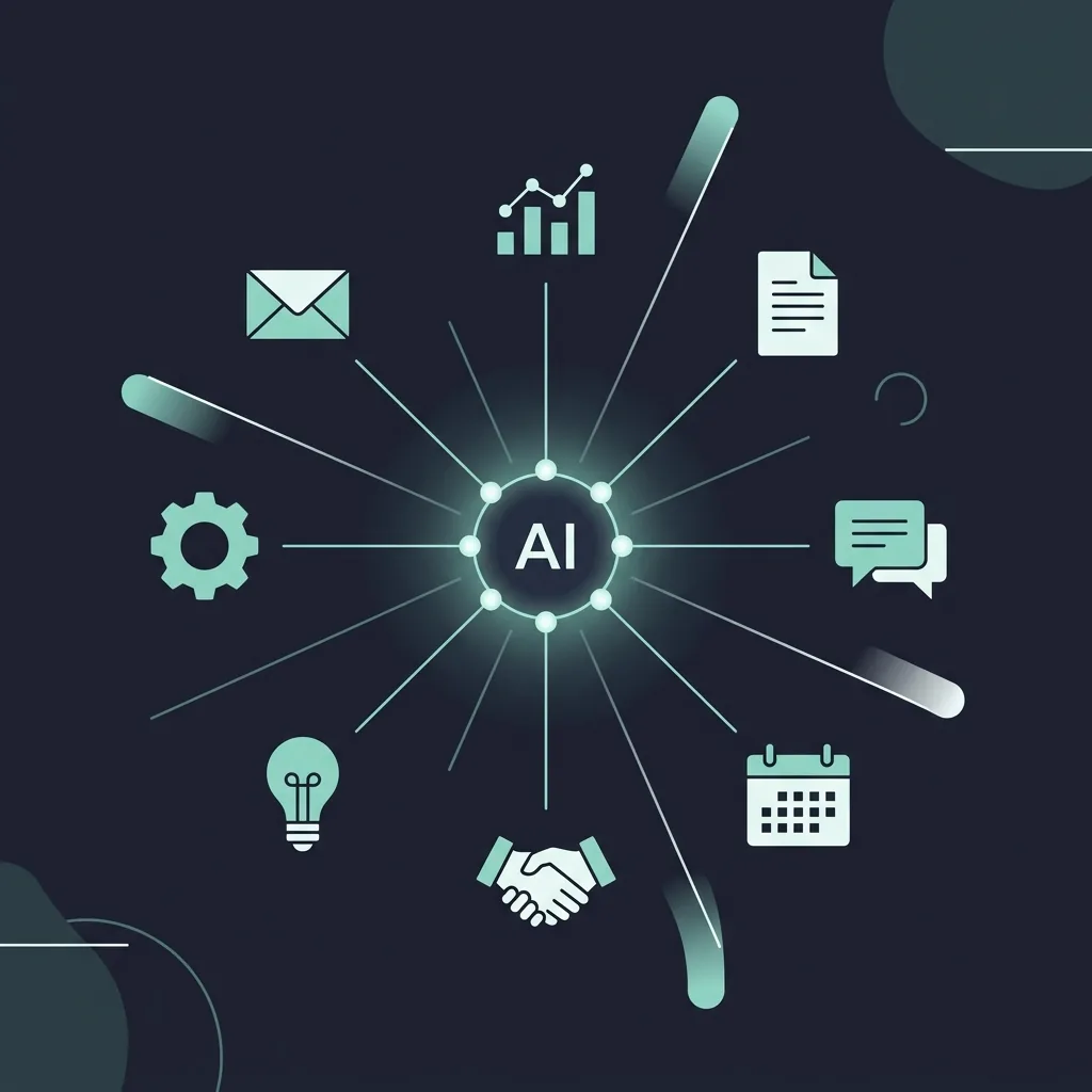 Minimalist diagram of seven generative AI use cases for small business – a central AI node connected to icons representing lead generation, content creation, customer service, document processing, analytics, scheduling, and proposals