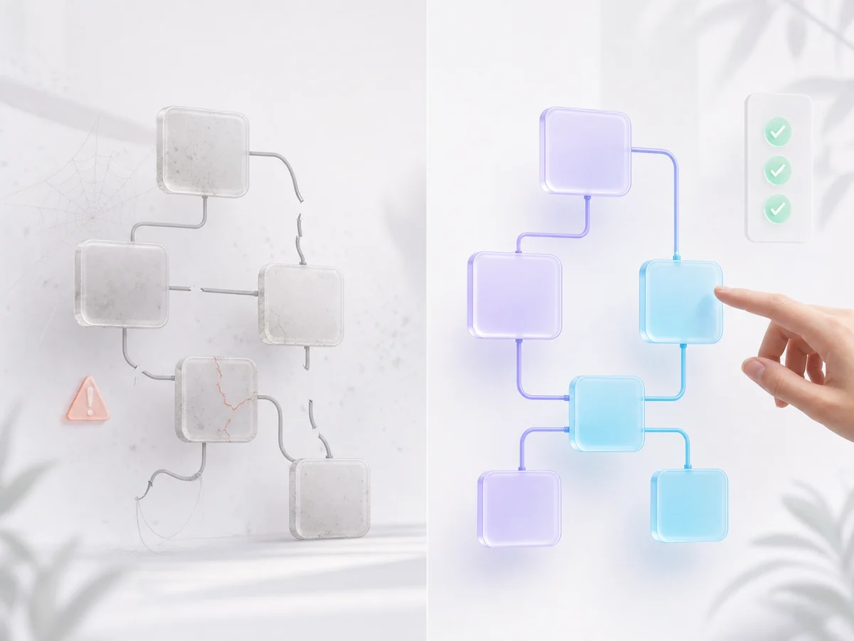 Split illustration comparing a neglected AI automation with dusty cracked panels and snapped connections against a maintained one with clean panels and green status checks