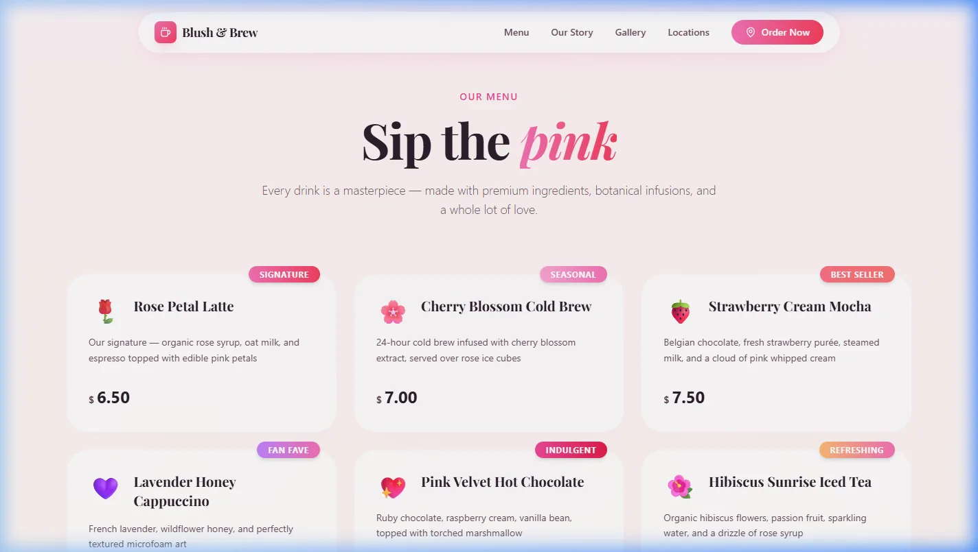 BlushBrew menu page