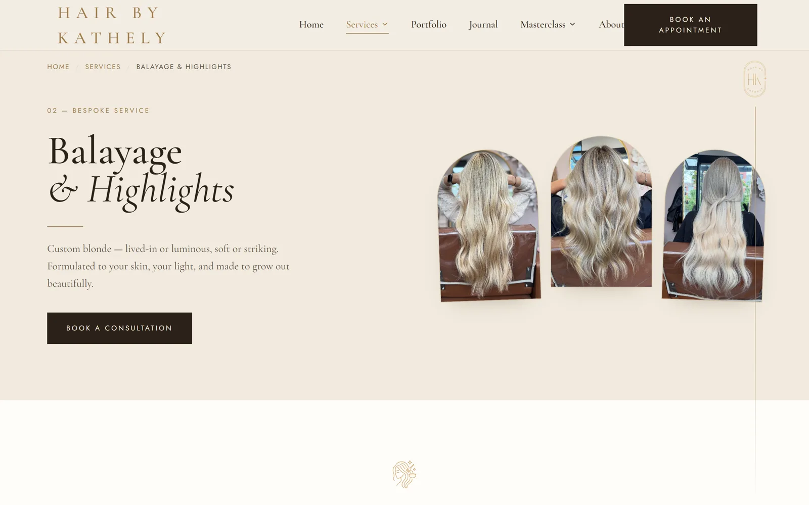 The blonde and balayage service page on desktop