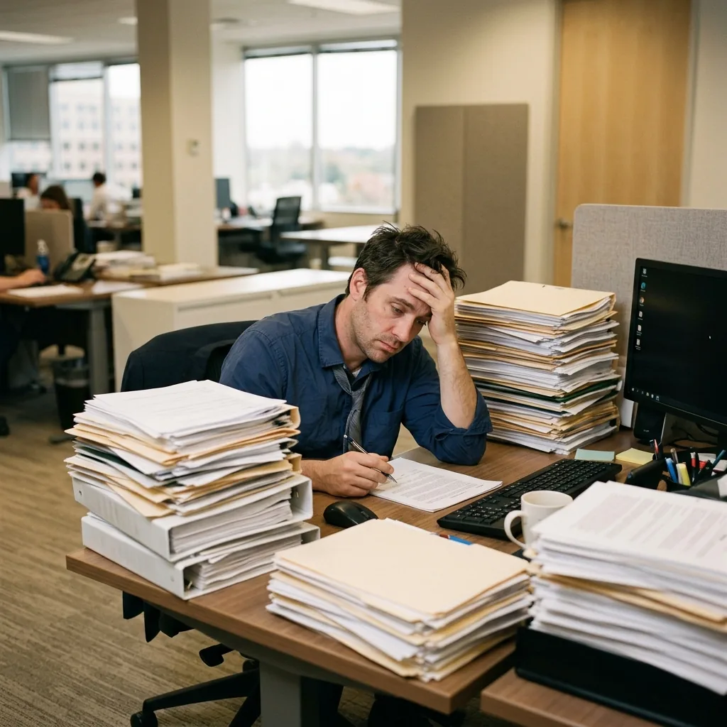 Employee buried in paperwork and admin tasks