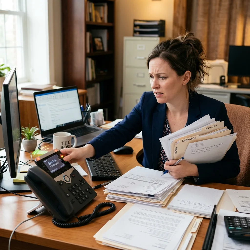 Frustrated receptionist missing a phone call